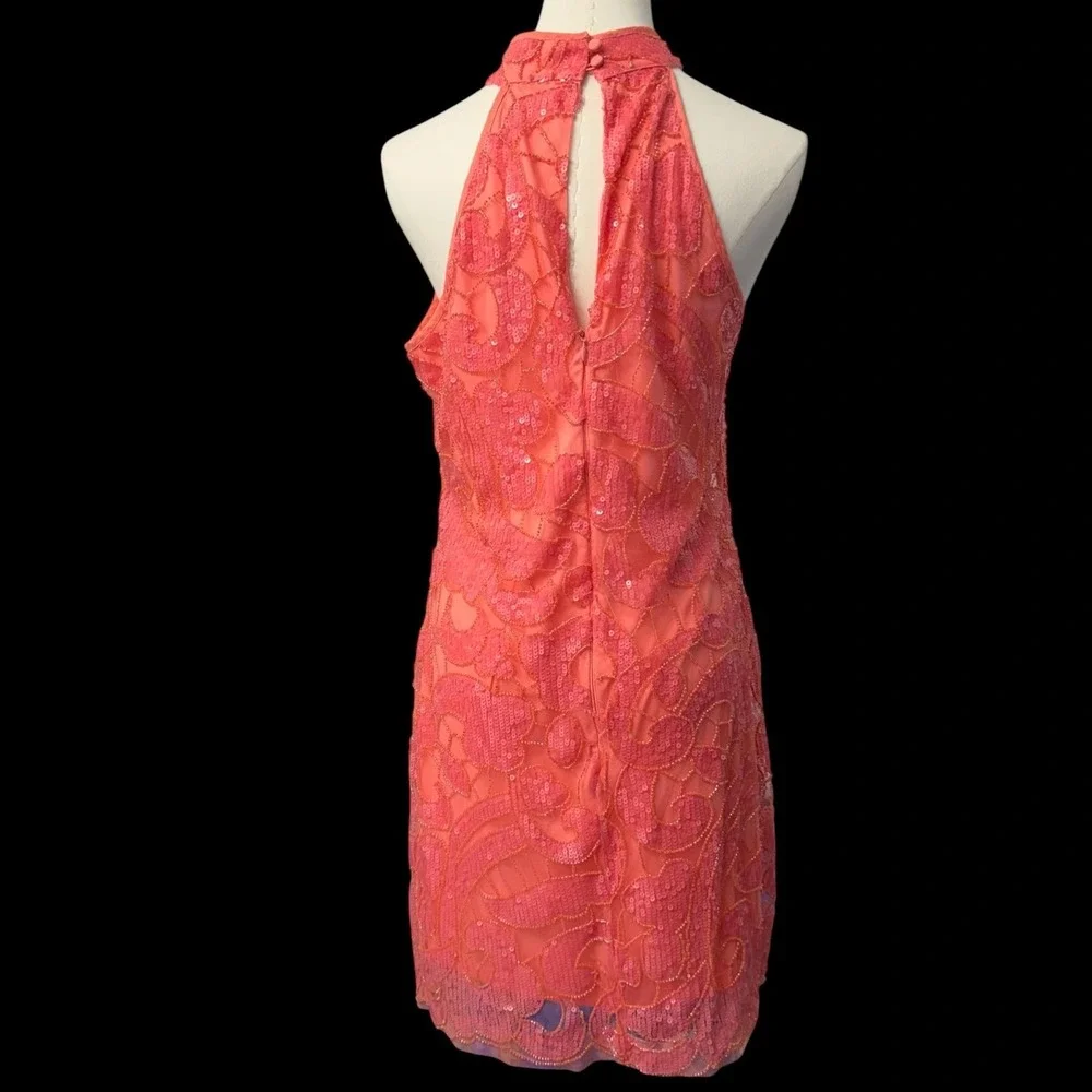 Boston Proper Dress Womens 10 Pink Coral Sequin Mesh Halter Mini Open Back NWOT